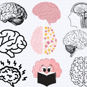 Puede incluir: Una colección de nueve ilustraciones en blanco y negro y rosa del cerebro humano. Algunos de los cerebros están estilizados y otros son más realistas. Un cerebro se muestra con un libro en sus manos. Un cerebro se muestra con flores en un lado.