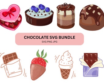May include: A digital illustration set of chocolate themed SVG files. The set includes a heart-shaped box of chocolates, a chocolate cake, a chocolate-covered strawberry, a chocolate ice cream cone, a chocolate truffle, and a chocolate bar.