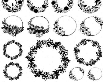 Bloemenkrans SVG-bundel, bruiloftskransen SVG, bloemenlijsten en cirkelmonogrammen, botanische clipart-, Cricut- en silhouetsnijbestanden