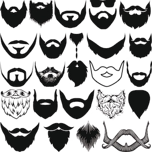 Puede incluir: Una colección de 25 ilustraciones en blanco y negro de diferentes estilos de barba y bigote. Las ilustraciones son simples y estilizadas, y serían perfectas para usar en un proyecto de diseño o como elemento gráfico.
