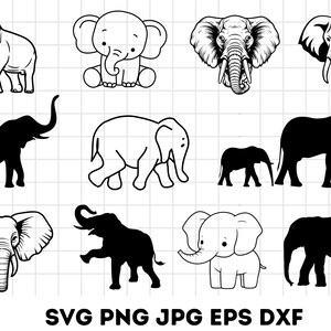 May include: A set of 10 black and white elephant silhouette SVG cut files. The elephants are in various poses, including standing, walking, and sitting. The files are perfect for creating crafts, decorations, and more.