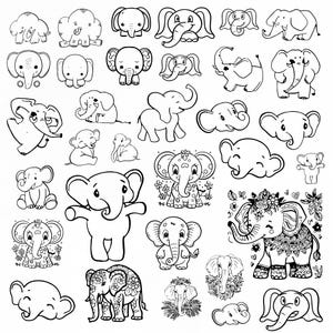 May include: A collection of 30 black and white line drawings of elephants in various poses. The elephants are all cartoon-style and have simple features. Some of the elephants are wearing hats or have flowers on their heads.