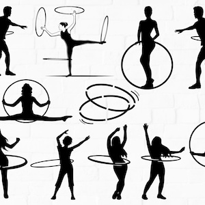 May include: Silhouettes of people of different ages and body types using hula hoops. Some are spinning the hoops around their waists, while others are holding the hoops above their heads or performing tricks with the hoops.