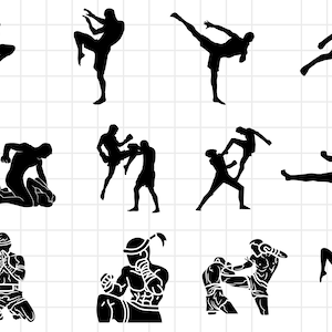 Può includere: Silhouettes di persone in varie pose di arti marziali. Le pose includono tecniche di attacco, blocco e lotta. Le silhouettes sono nere su uno sfondo bianco.
