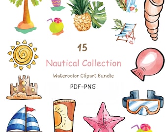 Watercolor Nautical Collection Clipart, 15 PNG Beach Clipart, Travel Clipart, Ocean Clipart, Summer PNG, Nautical Clipart.