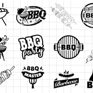 Op de afbeelding: Zwart-witte illustraties van verschillende barbecue-gerelateerde items, waaronder een grill, spiesjes, een worst en een vlam. De tekst "BBQ" verschijnt in verschillende illustraties.