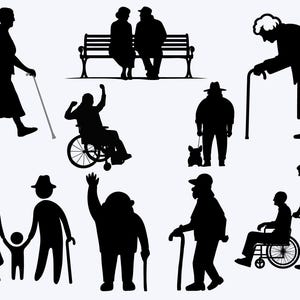 Puede incluir: Ilustración en silueta en blanco y negro de un grupo de personas mayores, algunas usando bastones, otras sentadas en un banco y otras en silla de ruedas. La ilustración representa los desafíos y las alegrías del envejecimiento.