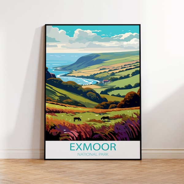 Exmoor National Park Travel Poster, Vibrant Landscape Art, River and Hills Scenic View Wall Decor