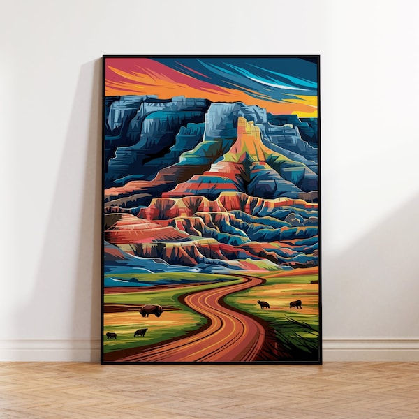 Vibrant Canyon Art Poster, Nationalpark Travelposter, Colorful Landscape Wall Decor, Scenic Road Illustration, Home Office Decoration