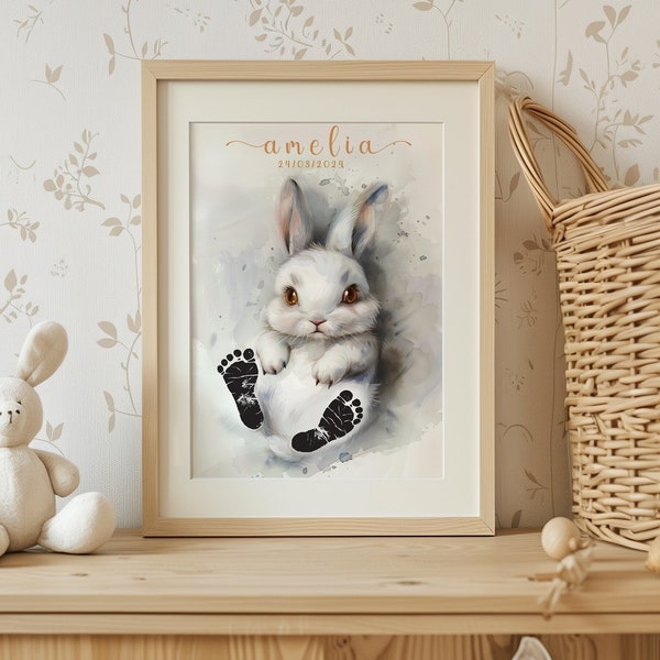 Personalized Baby Gift, Baby’s Foot Print, Wall Mural Baby and Kids Room Animals, Bunny - Rabbit