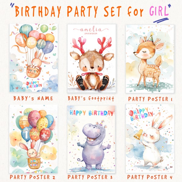 Birthday poster set for GIRL,  woodland animal birthday set, Downloadable birthday poster set, Happy birthday set, Geburtstagsset für Jungen