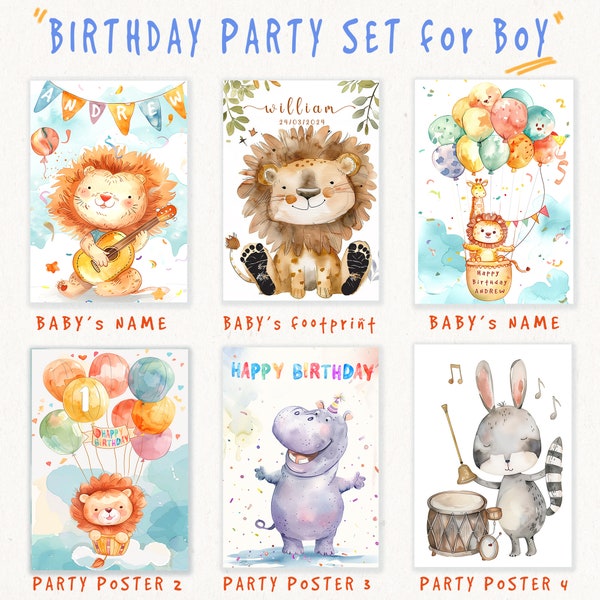 Birthday poster set for BOY,  woodland animal birthday set, Downloadable birthday poster set, Happy birthday set, Geburtstagsset für Jungen