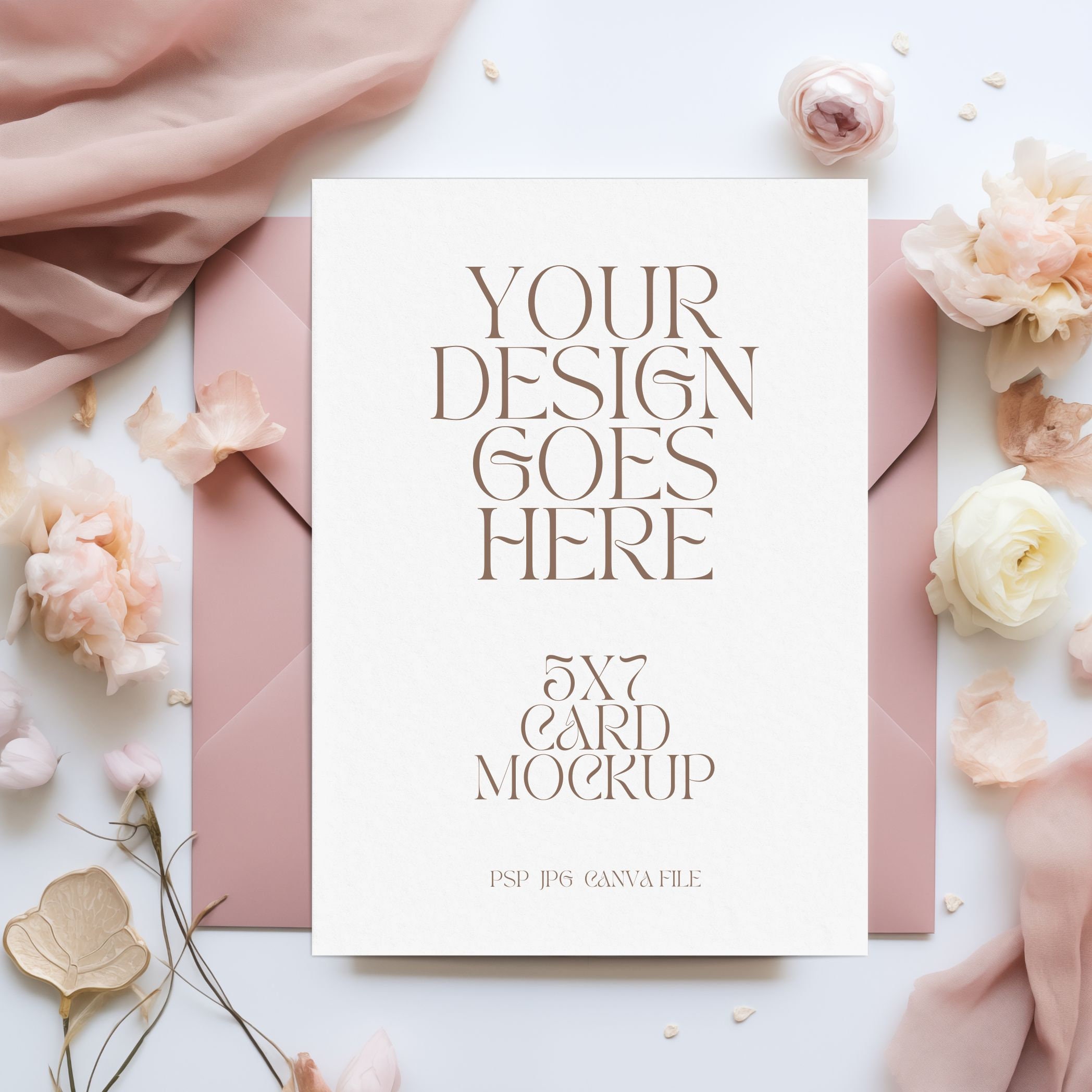 Delicate Florals 5x7 Card Mockup, Wedding Invitation, Baby Shower, Paper Mockup, Stylize Photography, PSD, JPG, Canva File, 300DPI, Boho