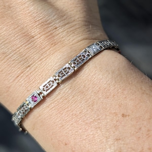 14k white gold Art Deco Bracelet in a larger size with diamonds and synthetic ruby