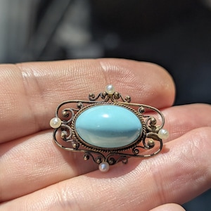 Gorgeous 14k Victorian Turquoise Brooch with Pearl Accents