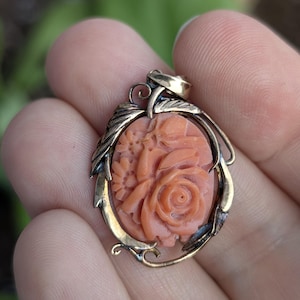 14k Carved Coral (faux coral) pendant - floral design!
