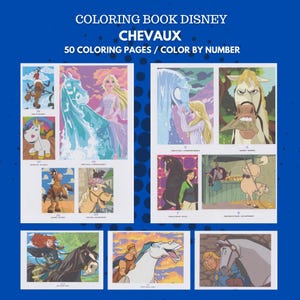 Puede incluir: Un libro para colorear titulado "COLORING BOOK DISNEY CHEVAUX" con 50 p&aacute;ginas. Las p&aacute;ginas presentan ilustraciones de personajes de Disney con caballos, incluyendo a Elsa y Anna de Frozen, y otros personajes. Las im&aacute;genes est&aacute;n dise&ntilde;adas para colorear por n&uacute;meros.