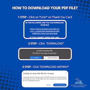Puede incluir: Un gr&aacute;fico azul con instrucciones sobre c&oacute;mo descargar un archivo PDF. Los pasos incluyen hacer clic en un enlace, descargar y descargar de todos modos. El texto incluye una advertencia sobre el tama&ntilde;o del archivo y posibles virus.