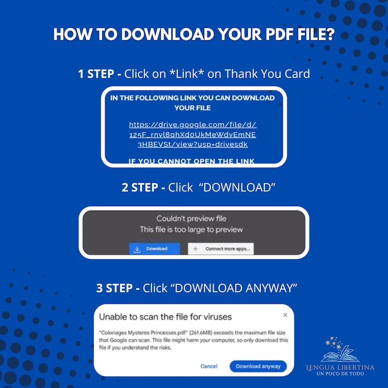 Puede incluir: Un gr&aacute;fico azul con instrucciones sobre c&oacute;mo descargar un archivo PDF. Los pasos incluyen hacer clic en un enlace, descargar y descargar de todos modos. El texto incluye una advertencia sobre el tama&ntilde;o del archivo y posibles virus.