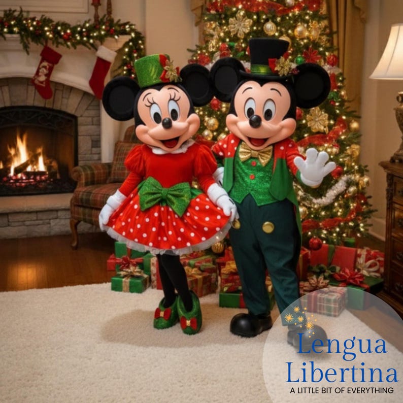 May include: Mickey and Minnie Mouse characters in festive Christmas attire. Minnie wears a red dress with white polka dots and a green bow. Mickey is in a green jacket and pants. A decorated Christmas tree and fireplace are in the background.
