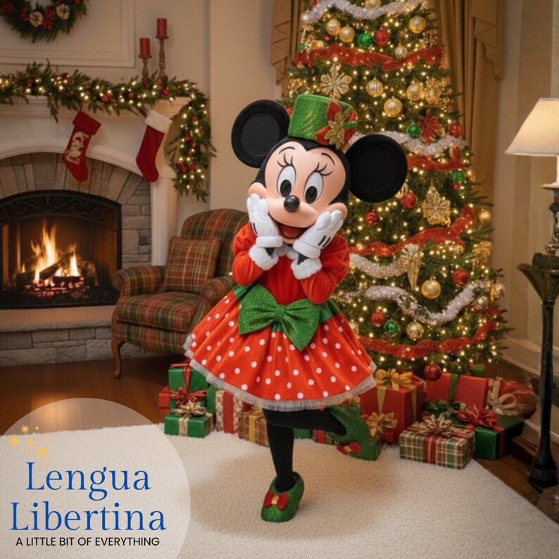 May include: Minnie Mouse in a festive Christmas outfit. She wears a red dress with white polka dots, a green bow, and a matching hat. The background includes a decorated Christmas tree, a fireplace, and wrapped gifts.