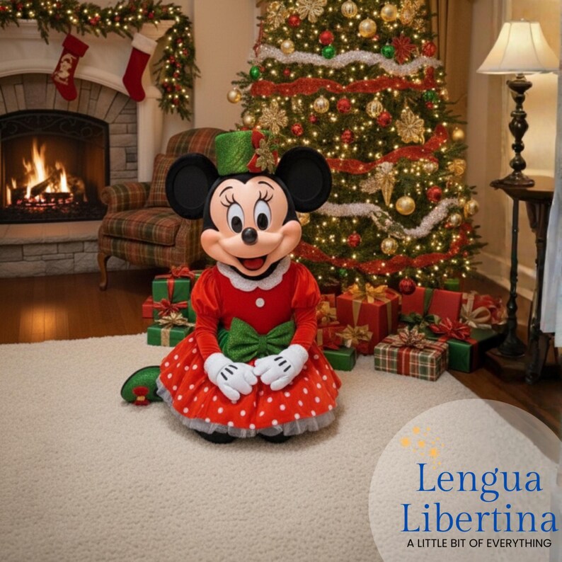 May include: Minnie Mouse in a red polka-dot dress with a green bow, green hat, and white gloves, posing in front of a decorated Christmas tree and fireplace. Presents are scattered around the tree. The text "Lengua Libertina A little bit of everything" is in the bottom right corner.