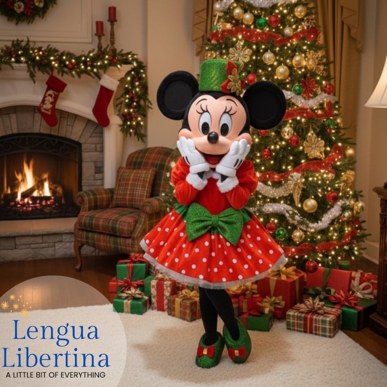May include: Minnie Mouse in a festive red polka-dot dress with a green bow, hat, and shoes, posing in front of a decorated Christmas tree. The image includes a fireplace, stockings, and wrapped gifts, with the text "Lengua Libertina: A little bit of everything."
