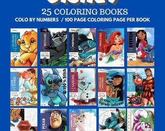 Lot de 25 livres à colorier numériques mystères - livres à colorier Disney - pack de livres à colorier - 25 livres PDF de 100 pages - coloriage par numéros