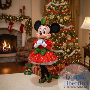 May include: A costumed character in a red dress with white polka dots, a green bow, and matching shoes, stands in front of a decorated Christmas tree. The character has black ears and a green hat. Presents are stacked on the floor. The text "Lengua Libertina" is visible.