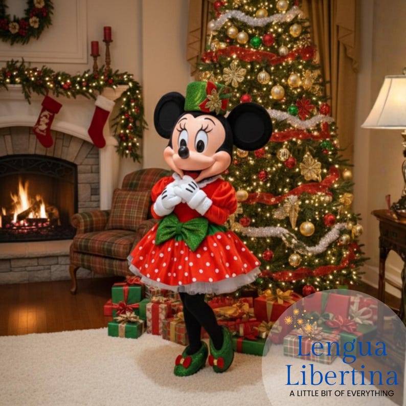 May include: A costumed character in a red dress with white polka dots, a green bow, and matching shoes, stands in front of a decorated Christmas tree. The character has black ears and a green hat. Presents are stacked on the floor. The text "Lengua Libertina" is visible.