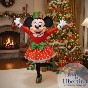 May include: A person in a Minnie Mouse costume, wearing a red dress with white polka dots, a green bow, and a matching hat. The background includes a Christmas tree, fireplace, and wrapped gifts. The text "Lengua Libertina" is visible.