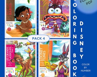 Set of 4 Digital Mystery Coloring Books, color by numbers, Disney Coloring Books, Coloring book pack, 4 PDF Books 100 Pages,digital coloring