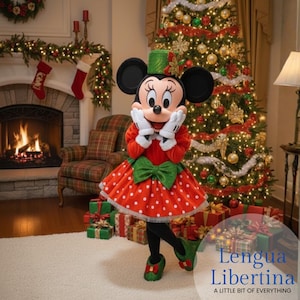 May include: Minnie Mouse in a festive Christmas outfit, posing in front of a decorated Christmas tree and fireplace. She wears a red dress with white polka dots, a green bow, and a matching hat and shoes. The image includes wrapped gifts.