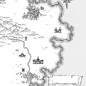 May include: A black and white ink illustration of a fantasy map featuring a jagged coastline, mountain ranges, forests, and various structures including castles, a tower, and a windmill. A compass rose is positioned in the upper right corner.