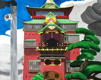 Original Acrylic Painting Spirited Away famous scene The Bath House Ghibli Studio Large Canvas size 91 x 61cm