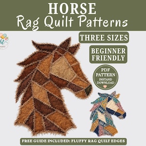 May include: A digital PDF pattern for horse rag quilts. The image shows two horse head designs in shades of brown and blue, made from patchwork fabric. Text includes "HORSE Rag Quilt Patterns", "THREE SIZES", and "BEGINNER FRIENDLY".