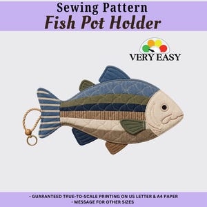 May include: A sewing pattern for a fish-shaped pot holder featuring the text Sewing Pattern Fish Pot Holder and Very Easy. The design shows a quilted fish in shades of blue, olive green, and tan with a rope loop and a wooden bead attachment.