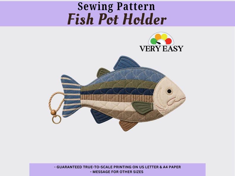 May include: A sewing pattern for a fish-shaped pot holder featuring the text Sewing Pattern Fish Pot Holder and Very Easy. The design shows a quilted fish in shades of blue, olive green, and tan with a rope loop and a wooden bead attachment.