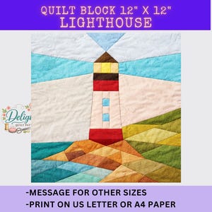 Puede incluir: Un bloque de quilt de 30,48 cm x 30,48 cm con un diseño de faro. El faro es rojo, blanco y marrón, sobre un fondo de formas geométricas azules, beige y verdes. Se muestra el texto "QUILT BLOCK 12" X 12" LIGHTHOUSE".