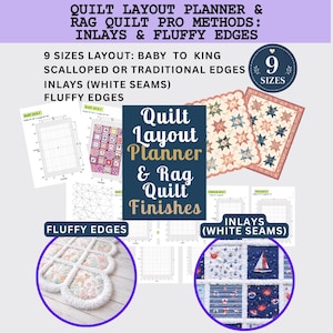 Può includere: Immagine che mostra un pianificatore di layout per trapunte e metodi professionali per trapunte di stracci. Il design include opzioni per 9 dimensioni, bordi smerlati o tradizionali, intarsi con cuciture bianche e bordi soffici. Sono inclusi anche esempi di trapunte finite.