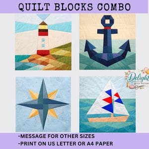 Coastal Quilt Pattern Bundle – Nautical Lighthouse, Sailboat, Compass, Anchor FPP 12" Blocks (Digital Download)