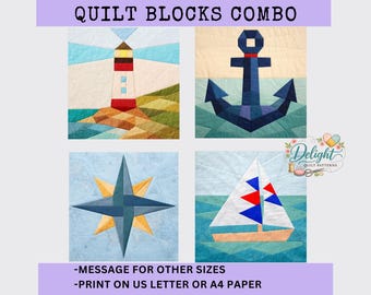 Coastal Quilt Pattern Bundle – Nautical Lighthouse, Sailboat, Compass, Anchor FPP 12" Blocks (Digital Download)