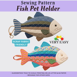 May include: A sewing pattern for a fish pot holder featuring two quilted fish designs. The top fish uses blue, olive, and tan striped fabric. The bottom fish features colorful floral, chevron, and solid fabric patches. Includes text: Sewing Pattern Fish Pot Holder, Scrap Fabric Friendly, Very Easy, Guaranteed true-to-scale printing on US letter & A4 paper.