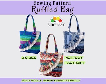 Tote Bag Pattern Double Ruffle | Jelly Roll Scrap Fabric Project |  Quilted Cotton Bag | PDF