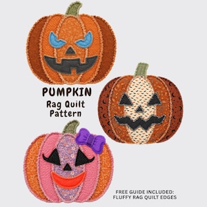 May include: Three fabric pumpkin appliques with rag quilt edges. One orange pumpkin has blue eyes and a black mouth. Another orange pumpkin has a patterned center and black face. A pink pumpkin features a purple bow and black eyes.