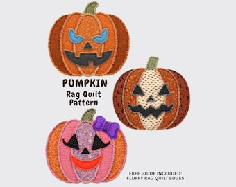 Halloween Pumpkin Rag Quilt Pattern Jack O Lantern, Mix and Match Faces, Frayed Edge