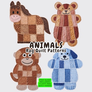 Stoffquilt-Musterpaket mit Tiermotiven – Welpe, Pferd, Affe, Bär – Moderne PDF-Schnittmuster