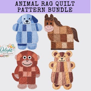 Animal Rag Quilt Pattern Bundle - Puppy, Horse, Monkey, Bear - Modern PDF Sewing Patterns