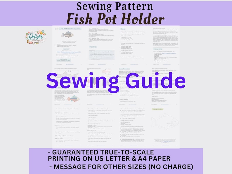 May include: A digital sewing pattern document for a fish pot holder titled Sewing Pattern Fish Pot Holder Sewing Guide. The document includes instructional text, small fish illustrations, and a logo for Delight Quilt Patterns. It specifies printing on US letter paper.