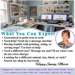May include: A craft studio workspace featuring a sewing machine, two computer monitors displaying digital patterns, and pegboards holding various supplies. A circular portrait of a person and text detailing customer support services are included.